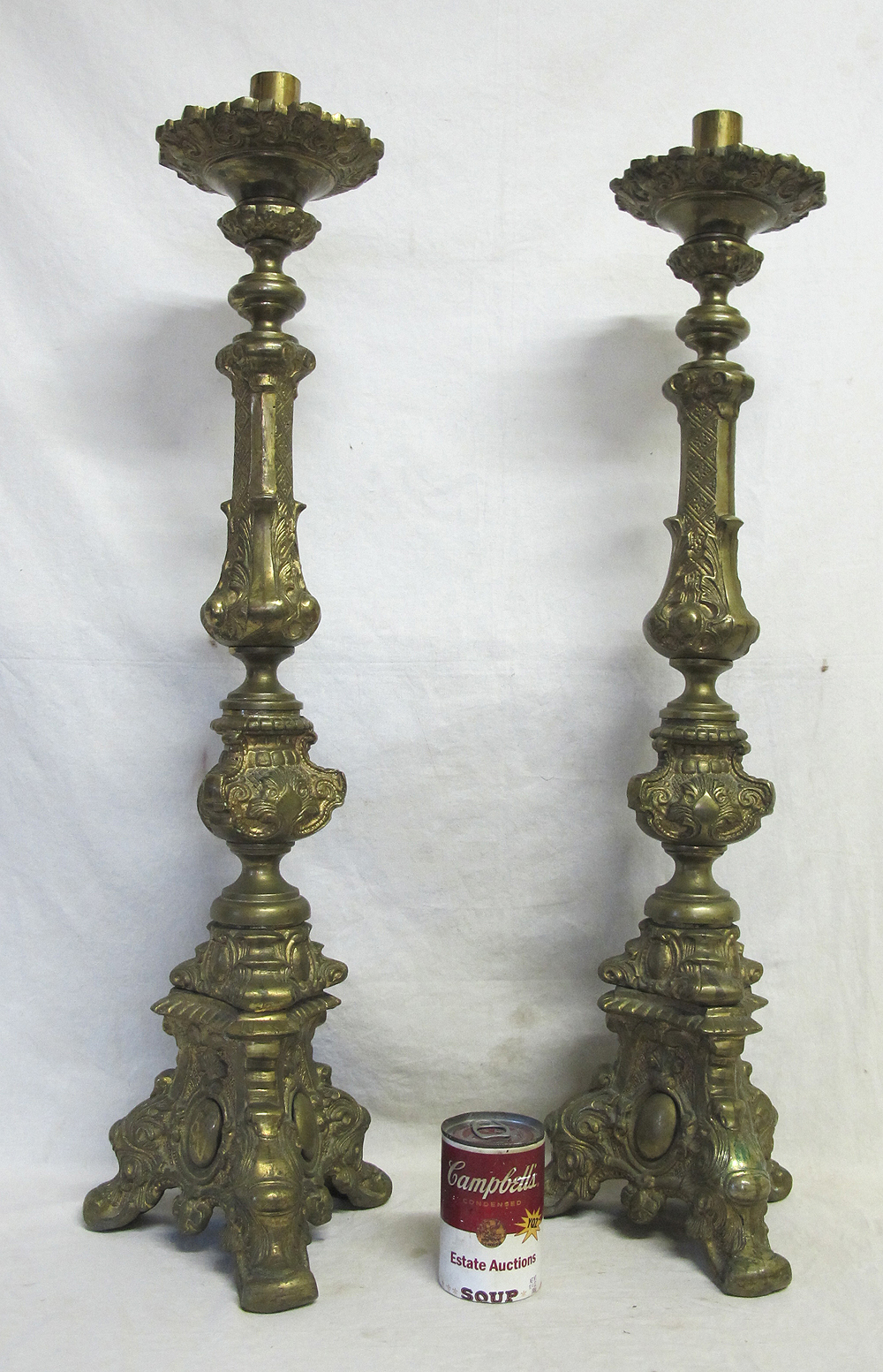 (2) Antique 32" Ornate Gilt Brass Church Floor Candlesticks Candle