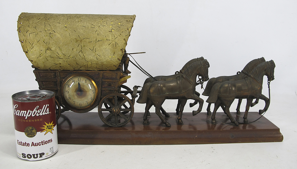 Vintage United Clock Corp. Bronze Horse & Covered Wagon Sculpture Clock