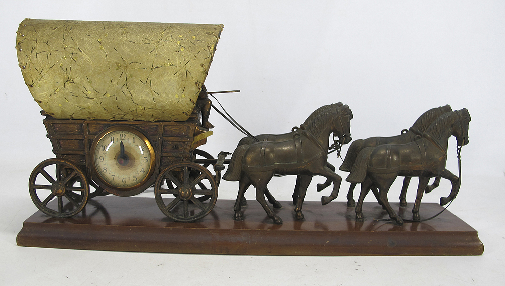 Vintage United Clock Corp. Bronze Horse & Covered Wagon Sculpture Clock