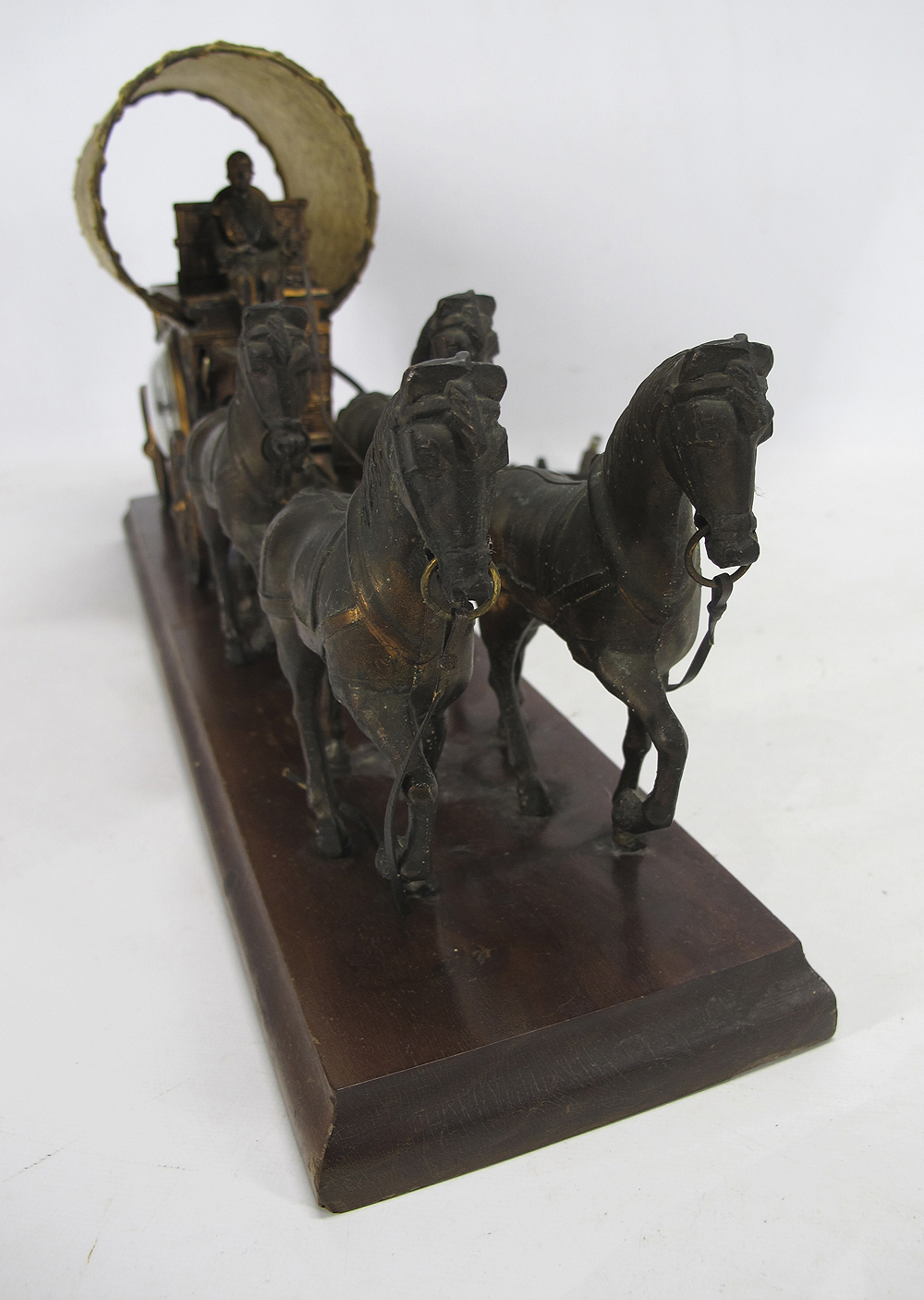 Vintage United Clock Corp. Bronze Horse & Covered Wagon Sculpture Clock
