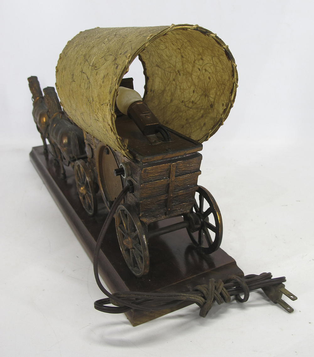 Vintage United Clock Corp. Bronze Horse & Covered Wagon Sculpture Clock