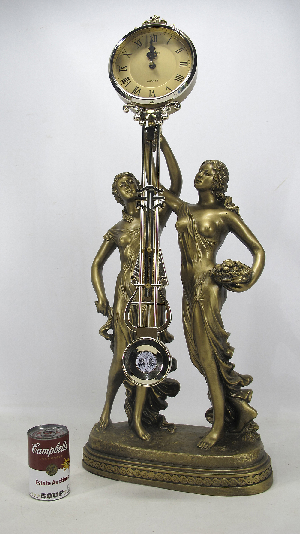 Lovely 31" Tall Neoclassical Gilt Goddess Swing Pendulum Statue Clock